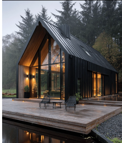 Modern black steel and wood nordic barn house in nature
